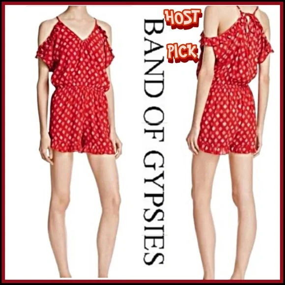 BAND OF GYPSIES RED PRINT COLD SHOULDER ROMPER S - Picture 3 of 9